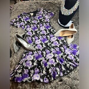 Floral V-Neck Dress - Black and Purple